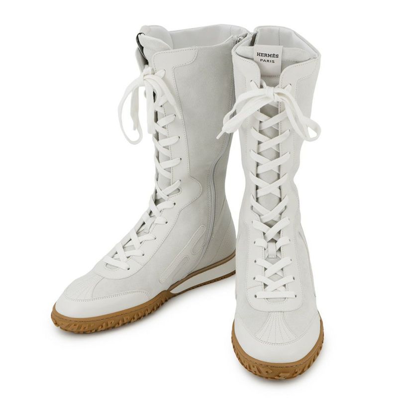 エルメス スニーカー レース・アップ ヴェロア ナッパレザー レディースサイズ38 HERMES 靴 白