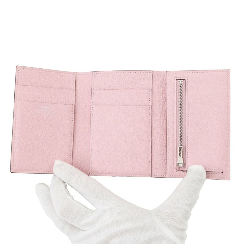 エルメス 三つ折り財布 ベアンコンビネ ローズサクラ/シルバー金具 シェブルミゾル K刻印 財布