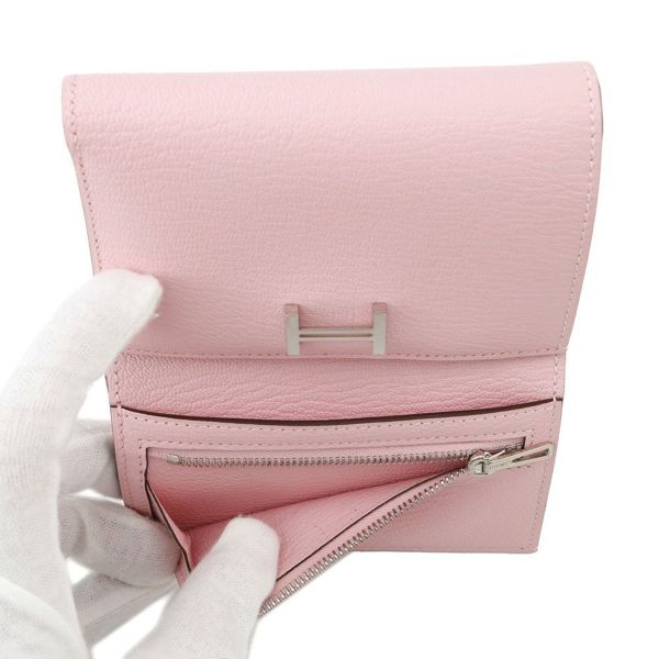 エルメス 三つ折り財布 ベアンコンビネ ローズサクラ/シルバー金具 シェブルミゾル K刻印 財布