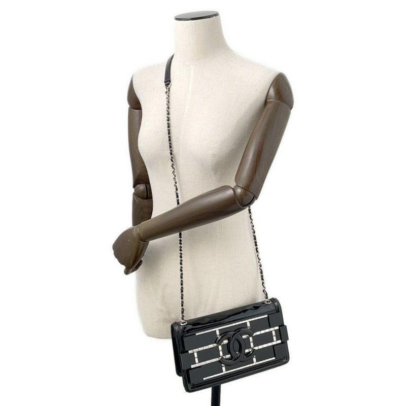 シャネル チェーンショルダーバッグ レゴボーイ ココマーク パテント ラインストーン CHANEL 黒