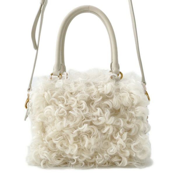 ミュウミュウ ハンドバッグ ジップド トップハンドル シープファー 5BB092 MIUMIU 2way 白