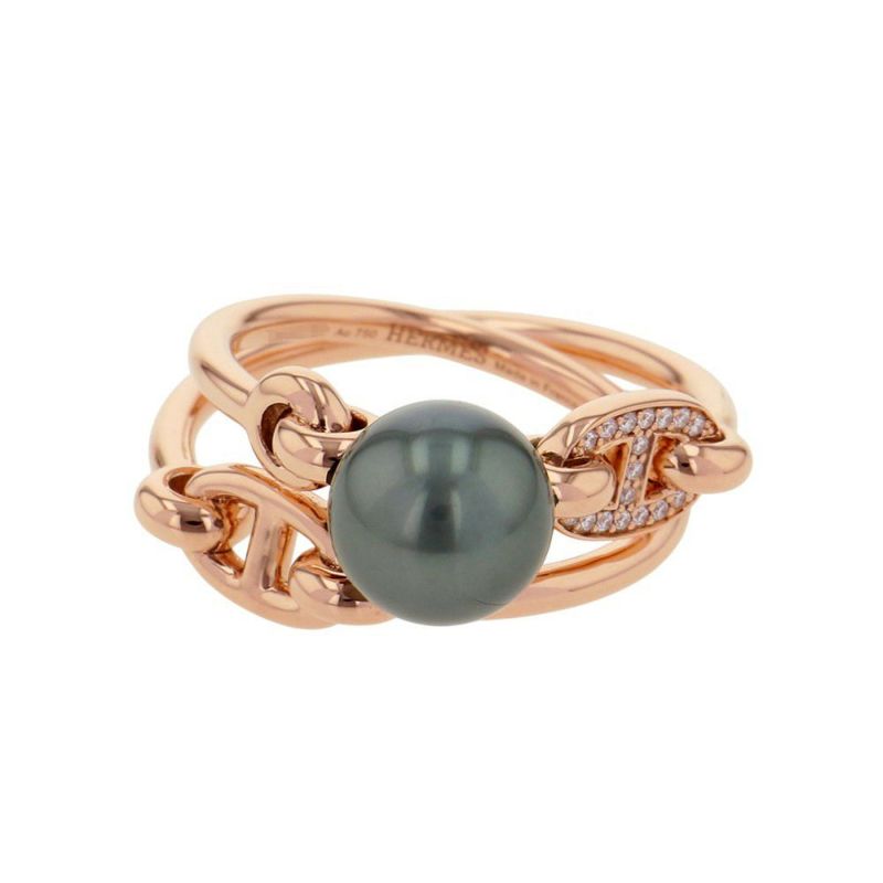 エルメス リング アルバーティン シェーヌダンクル ダブル ブラックパール/ダイヤモンド K18PGピンクゴールド サイズ51 指輪