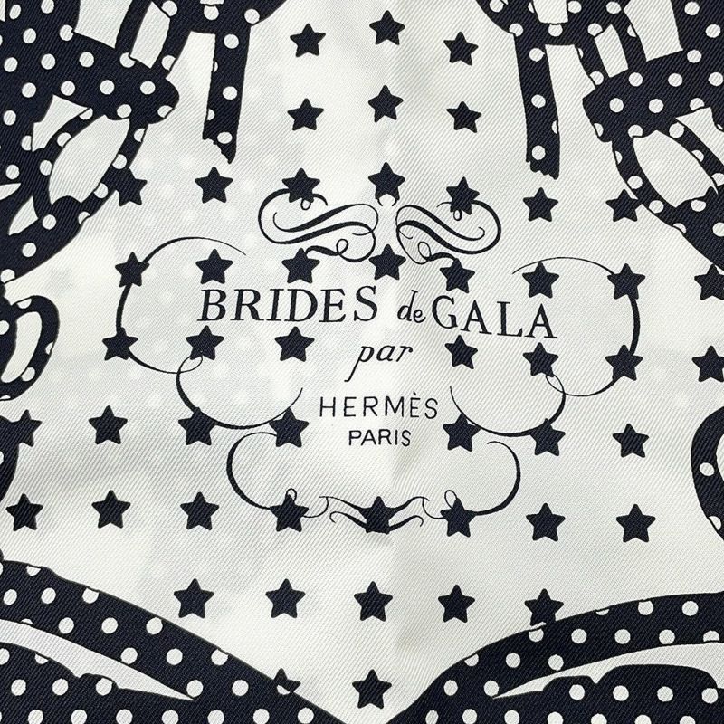 エルメス スカーフ カレ70 バンダナ フリル ブリッド・ドゥ・ガラ・ドット シルク HERMES 白 黒