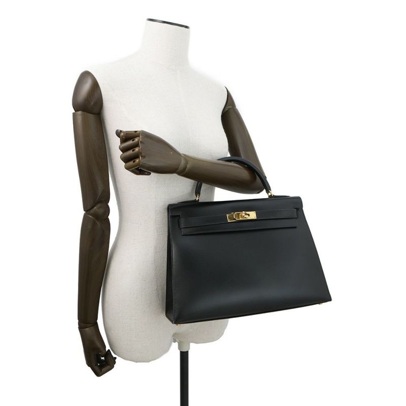 エルメス ハンドバッグ ケリー32 外縫い ブラック/ゴールド金具 ボックスカーフ □C刻印 2wayショルダー 黒