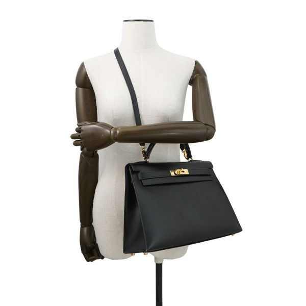 エルメス ハンドバッグ ケリー32 外縫い ブラック/ゴールド金具 ボックスカーフ □C刻印 2wayショルダー 黒