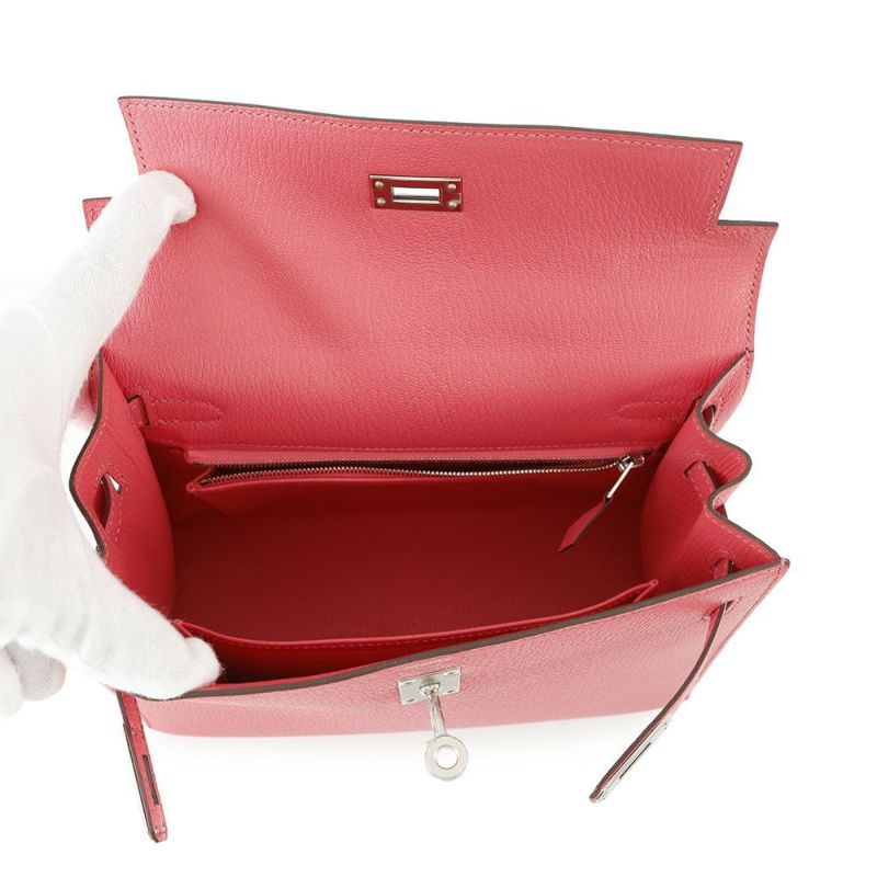 エルメス ハンドバッグ ケリー25 外縫い ローズリップスティック/シルバー金具 シェブルミゾル Y刻印 2wayショルダー