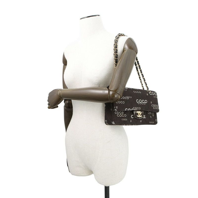 シャネル チェーンショルダーバッグ COCOプリント マトラッセ25 ココマーク ダブルチェーン キャンバス A01112 CHANEL 黒