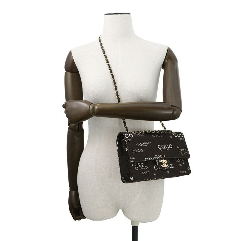 シャネル チェーンショルダーバッグ COCOプリント マトラッセ25 ココマーク ダブルチェーン キャンバス A01112 CHANEL 黒