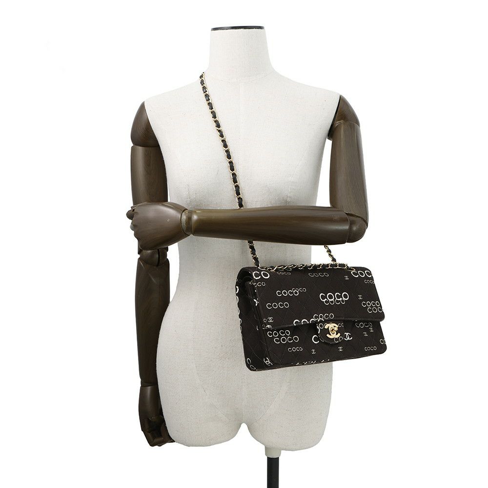 シャネル チェーンショルダーバッグ COCOプリント マトラッセ25 ココマーク ダブルチェーン キャンバス A01112 CHANEL 黒