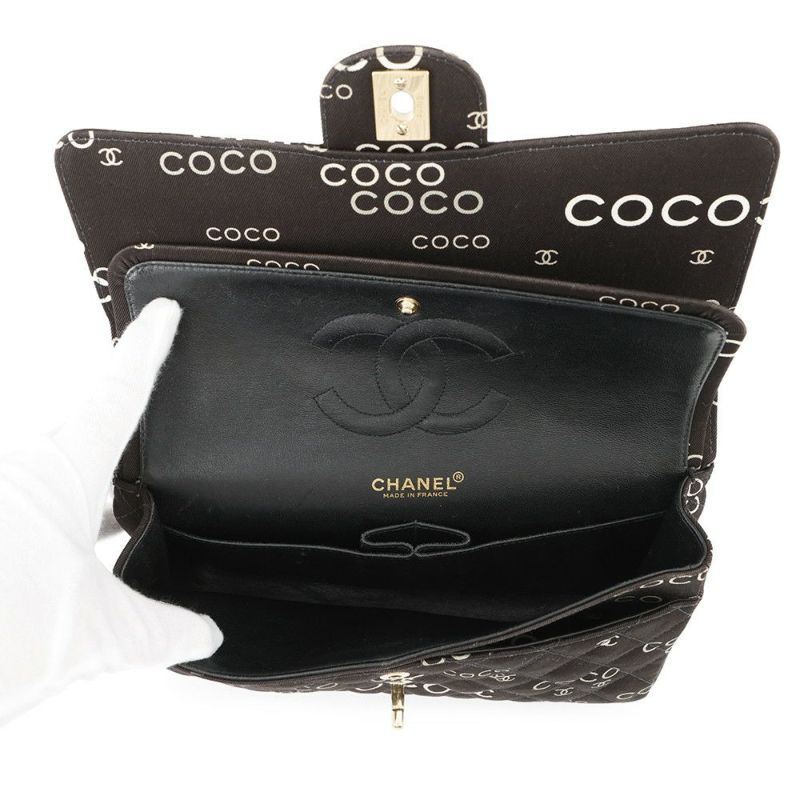 シャネル チェーンショルダーバッグ COCOプリント マトラッセ25 ココマーク ダブルチェーン キャンバス A01112 CHANEL 黒