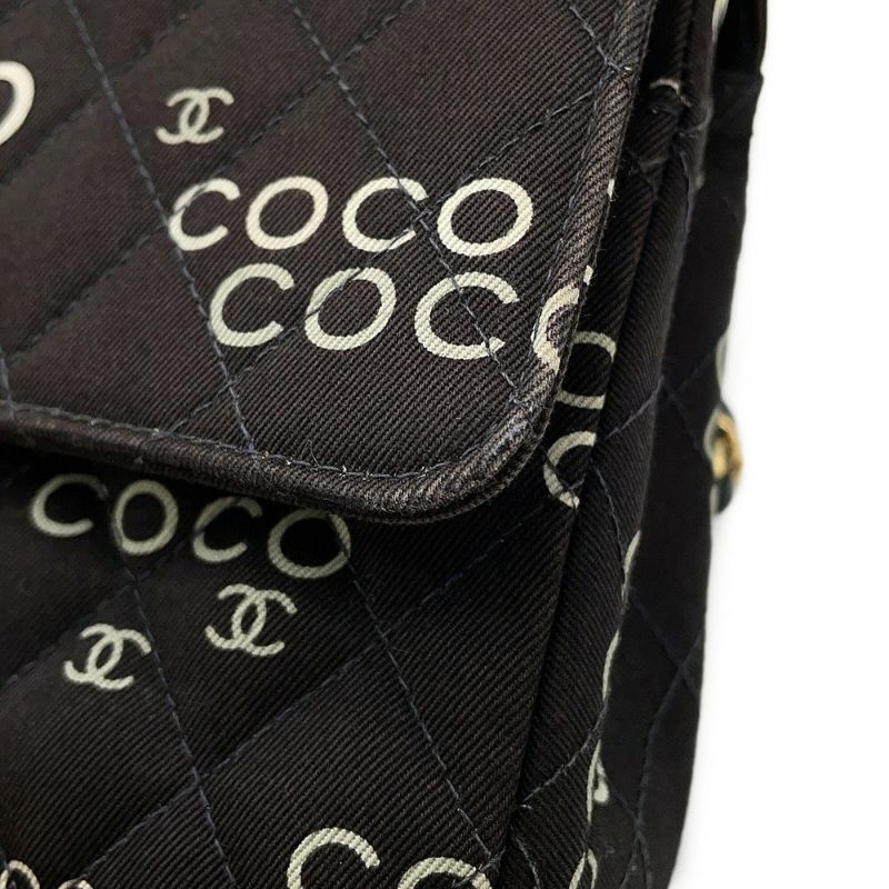 シャネル チェーンショルダーバッグ COCOプリント マトラッセ25 ココマーク ダブルチェーン キャンバス A01112 CHANEL 黒