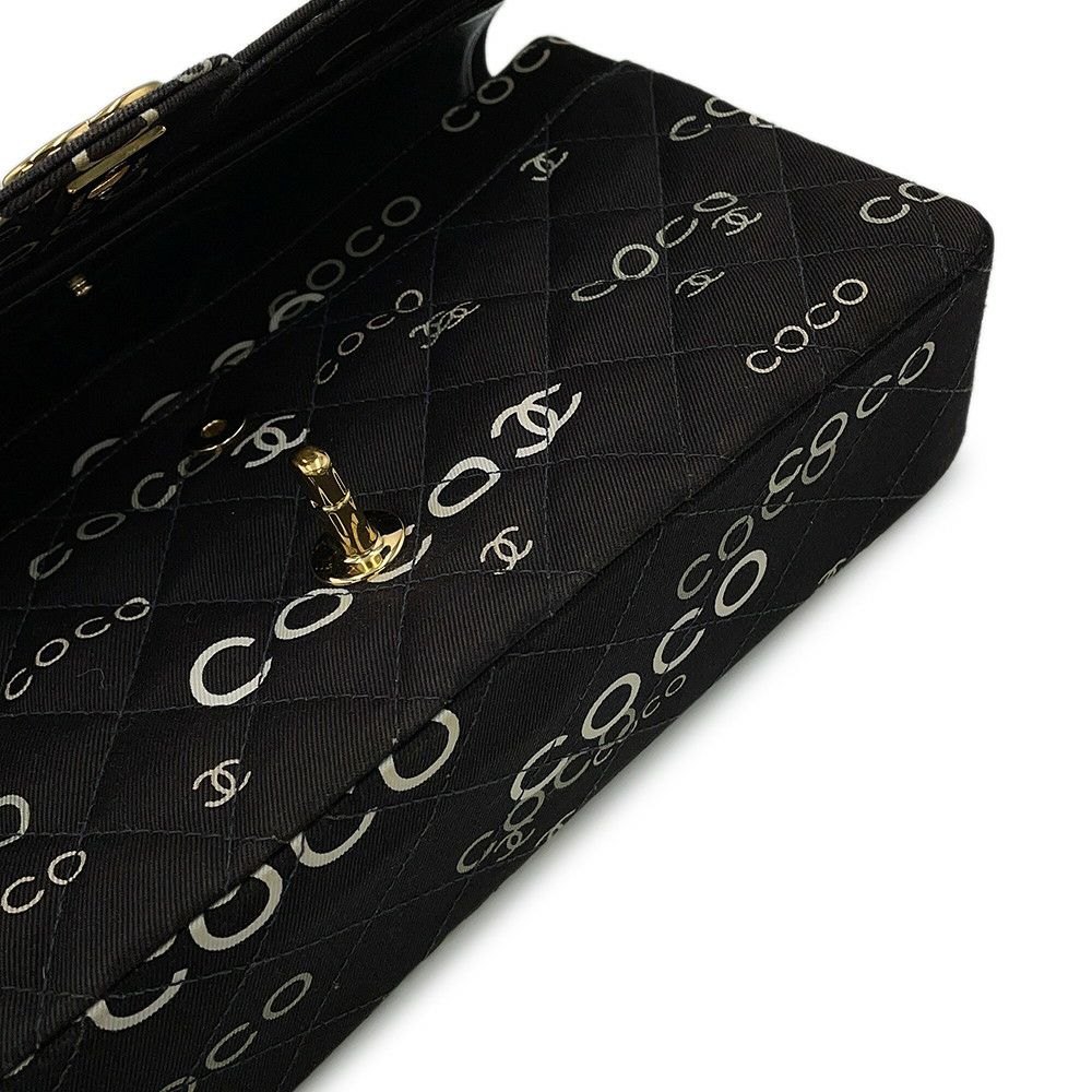 シャネル チェーンショルダーバッグ COCOプリント マトラッセ25 ココマーク ダブルチェーン キャンバス A01112 CHANEL 黒