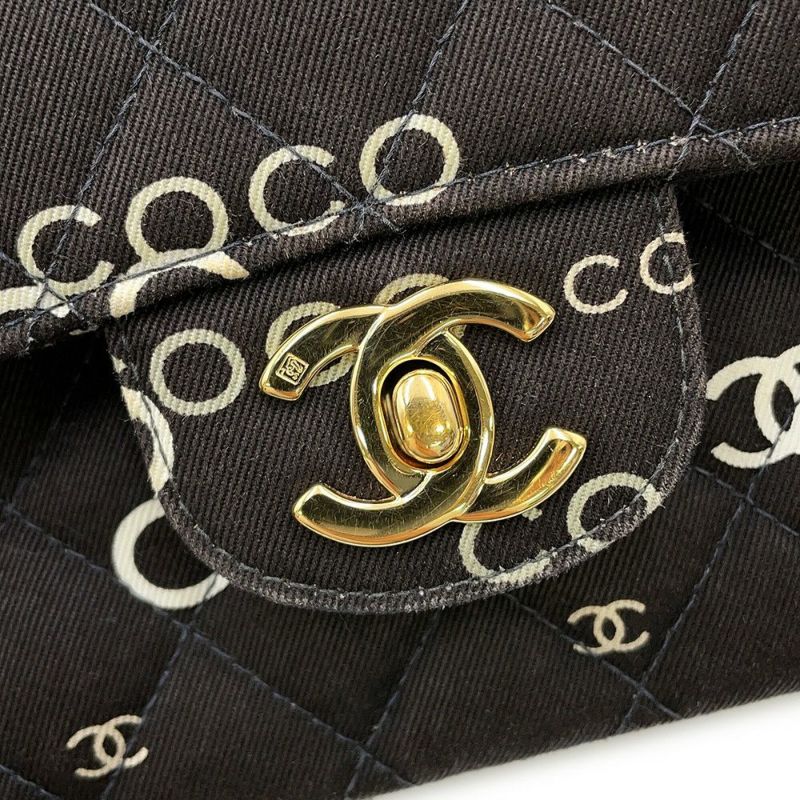 シャネル チェーンショルダーバッグ COCOプリント マトラッセ25 ココマーク ダブルチェーン キャンバス A01112 CHANEL 黒