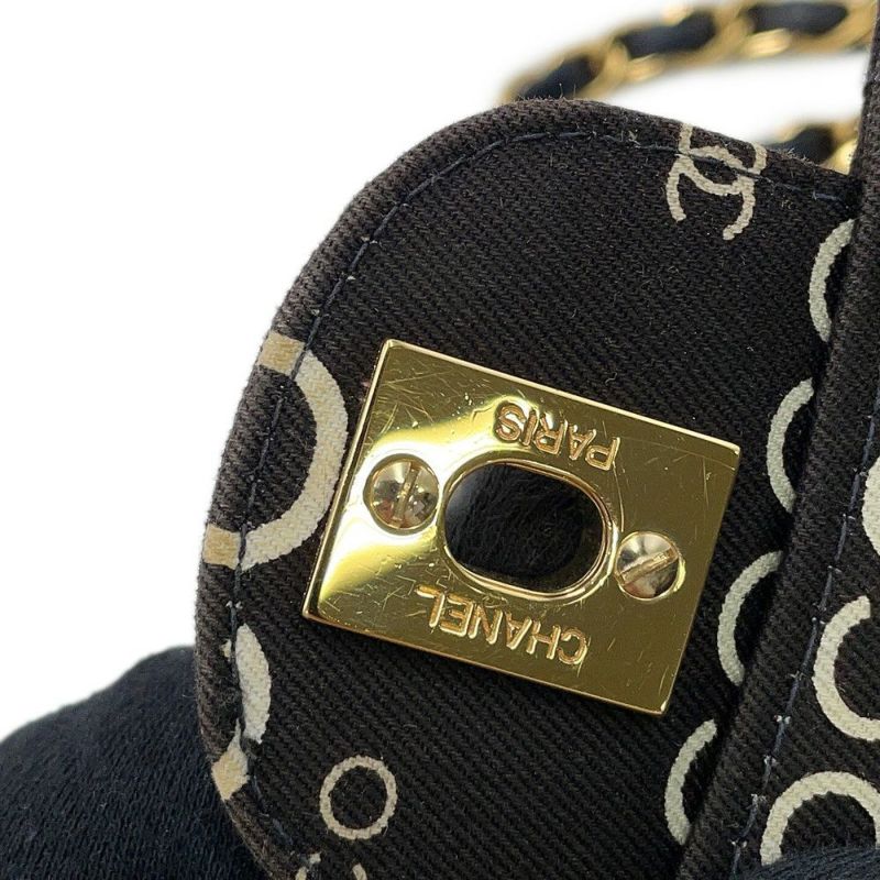 シャネル チェーンショルダーバッグ COCOプリント マトラッセ25 ココマーク ダブルチェーン キャンバス A01112 CHANEL 黒