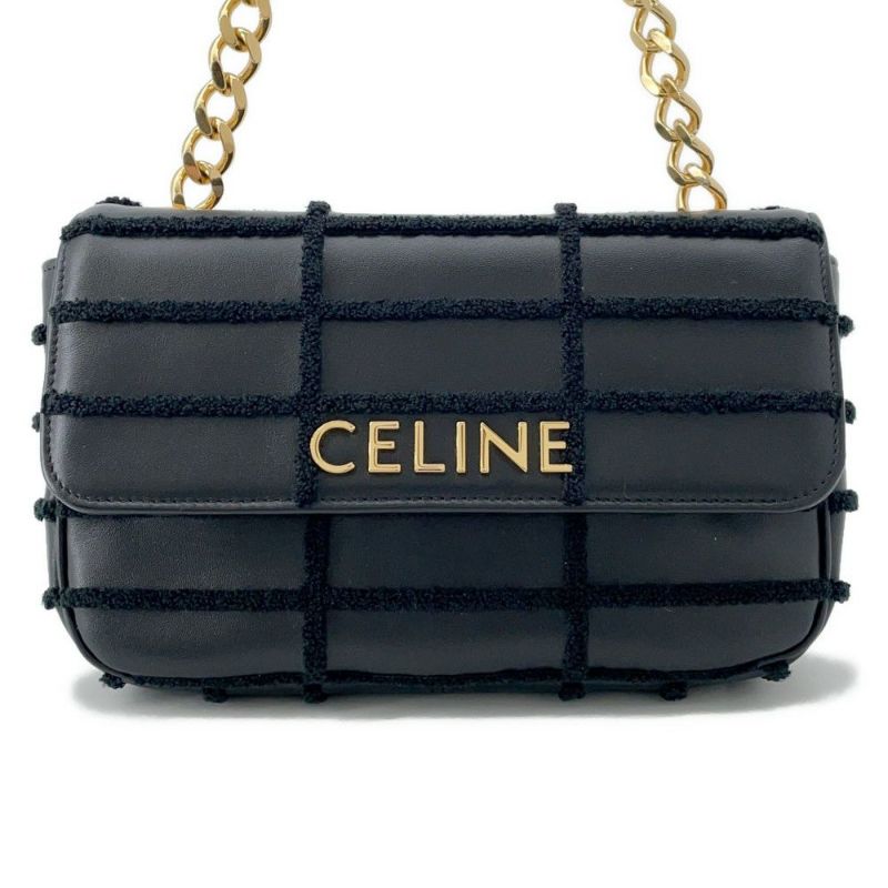 セリーヌ チェーンショルダーバッグ モノクローム パイル レザー 111273FCK.38NO CELINE 黒 ワンショルダー