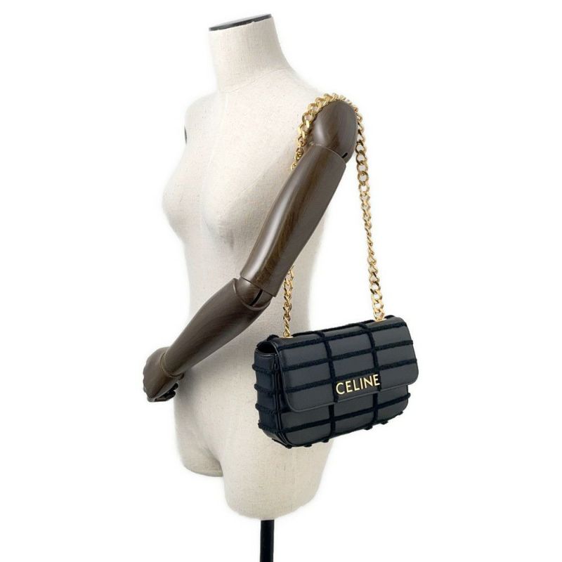 セリーヌ チェーンショルダーバッグ モノクローム パイル レザー 111273FCK.38NO CELINE 黒 ワンショルダー