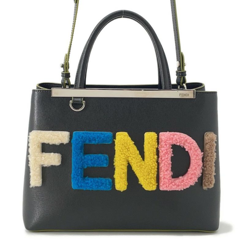 フェンディ ハンドバッグ プチ トゥージュール ロゴ レザー ムートン FENDI 2wayショルダー 黒