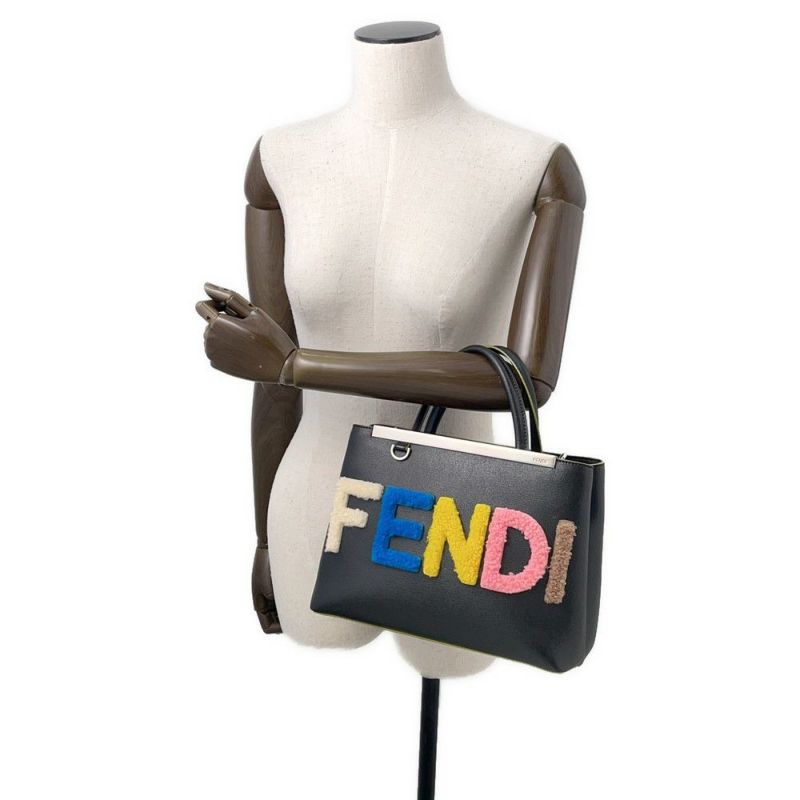 フェンディ ハンドバッグ プチ トゥージュール ロゴ レザー ムートン FENDI 2wayショルダー 黒