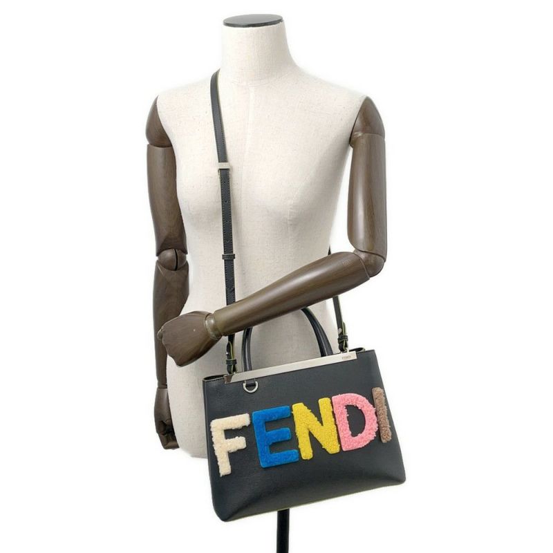 フェンディ ハンドバッグ プチ トゥージュール ロゴ レザー ムートン FENDI 2wayショルダー 黒