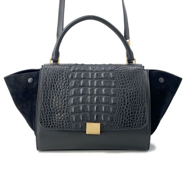 セリーヌ ハンドバッグ トラペーズ クロコ型押しレザー スエード CELINE 2way 黒
