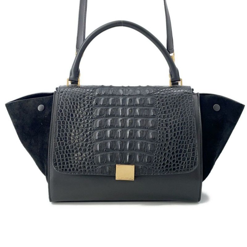セリーヌ ハンドバッグ トラペーズ クロコ型押しレザー スエード CELINE 2way 黒