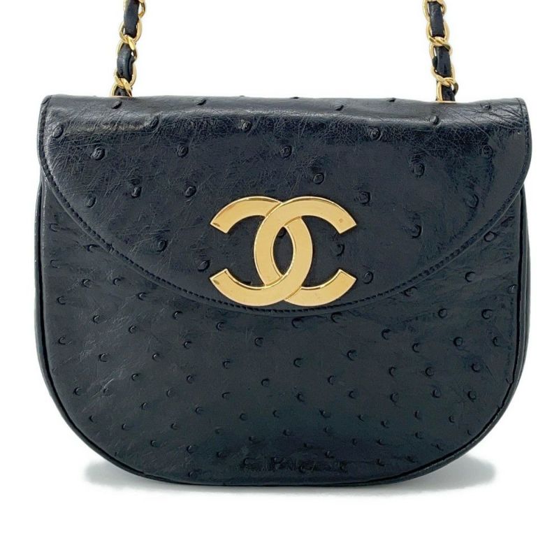 シャネル チェーンショルダーバッグ デカココマーク オーストリッチ CHANEL 黒