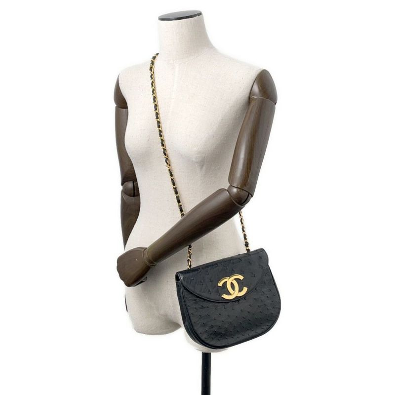 シャネル チェーンショルダーバッグ デカココマーク オーストリッチ CHANEL 黒