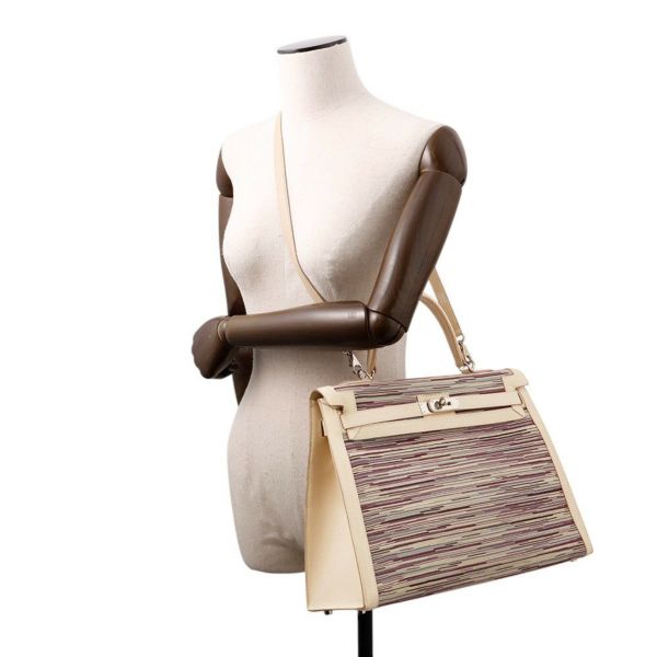 エルメス ハンドバッグ ケリー35 外縫い ベージュ/マルチカラー/シルバー金具 ヴィブラート □E刻印 2wayショルダー