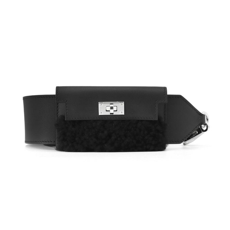 エルメス ショルダーストラップ バンドリエール ケリーポケット ブラック/シルバー金具 スイフト/ムートン B刻印 黒