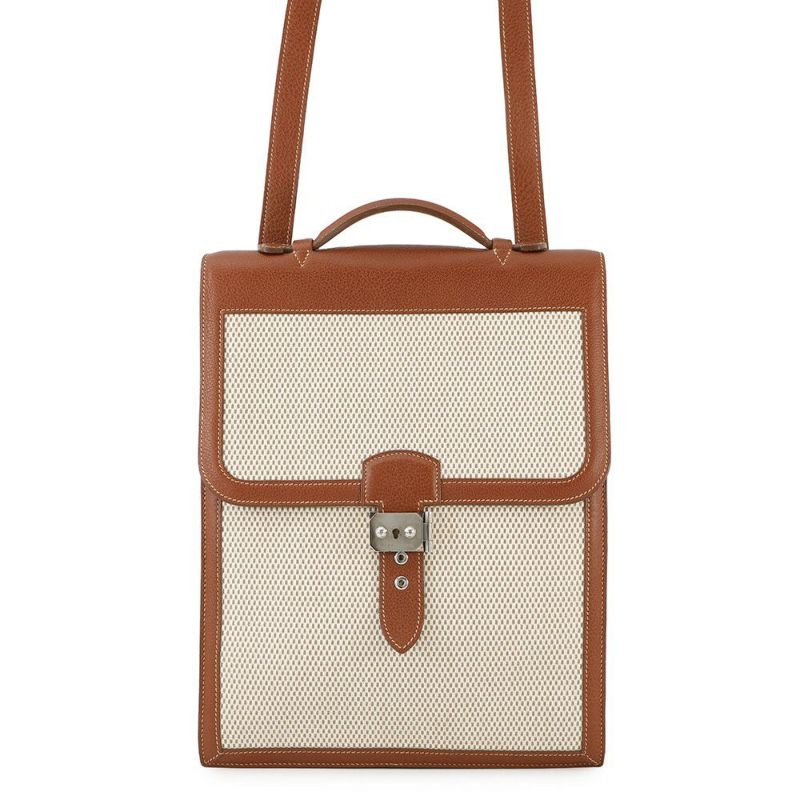 エルメス ショルダーバッグ サック・アデペッシュ DPLG ブラウン/ベージュ/シルバー金具 トワルアッシュ/ブッフル □G刻印