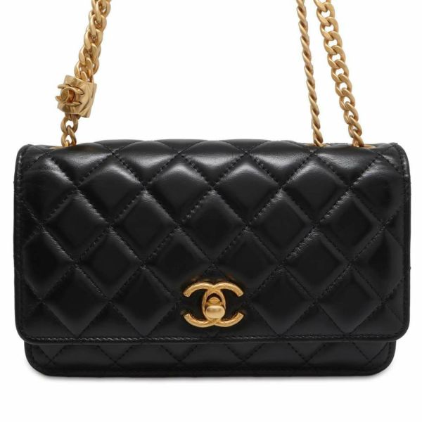 シャネル チェーンウォレット ココマーク マトラッセ ラムスキン CHANEL 財布 黒 ブラック