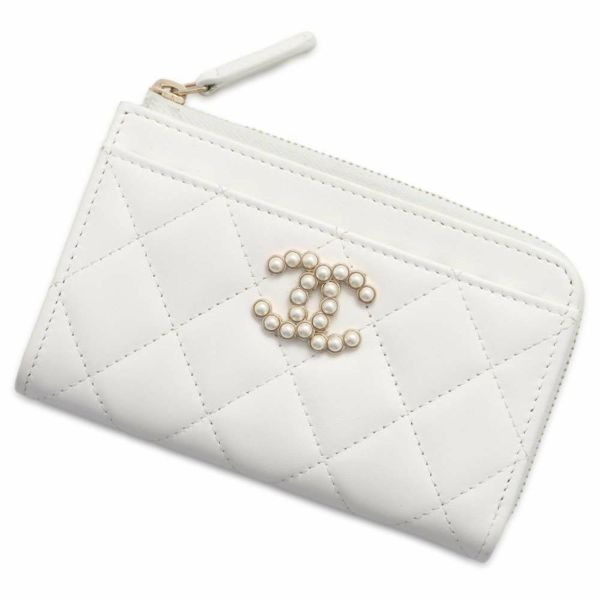 シャネル コインケース マトラッセ ココマーク ラムスキン AP3665 CHANEL 財布 カードケース フェイクパール 白