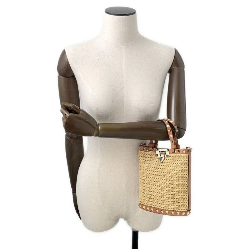 ヴァレンティノ・ガラヴァーニ ハンドバッグ ロックスタッズ バケットバッグ ラフィア レザー 4W2P0W31MZI 2way