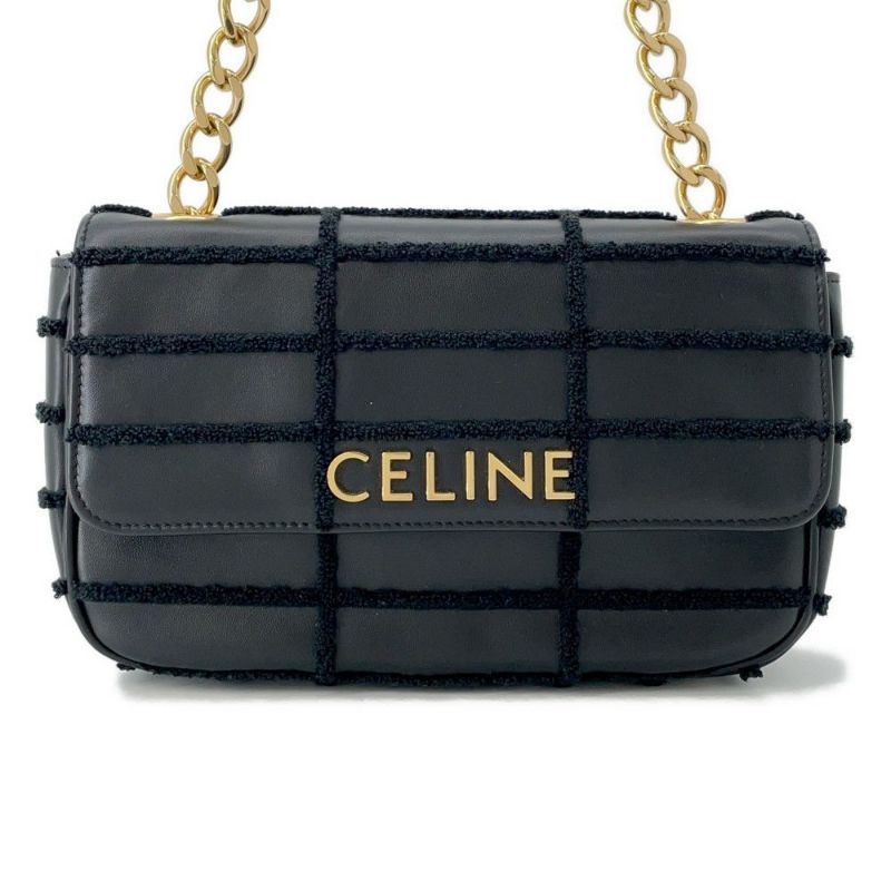 セリーヌ チェーンショルダーバッグ モノクローム レザー パイル 111273FCK CELINE バッグ 黒