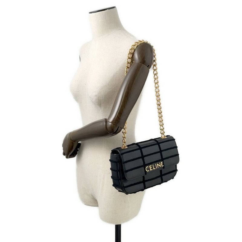セリーヌ チェーンショルダーバッグ モノクローム レザー パイル 111273FCK CELINE バッグ 黒