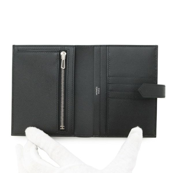 エルメス 二つ折り財布 ベアンコンパクト ブラック/シルバー金具 ヴォーマダム W刻印 黒