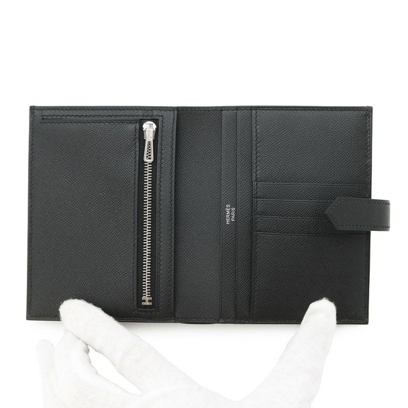 エルメス 二つ折り財布 ベアンコンパクト ブラック/シルバー金具 ヴォーマダム W刻印 黒