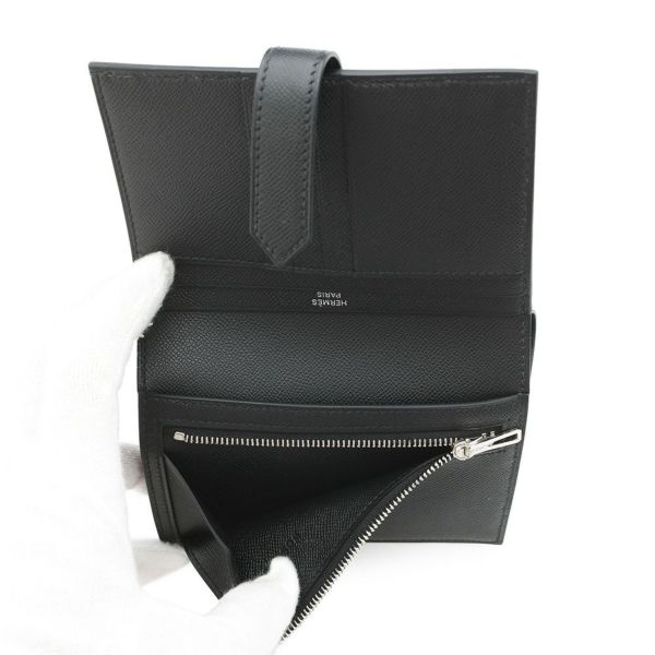 エルメス 二つ折り財布 ベアンコンパクト ブラック/シルバー金具 ヴォーマダム W刻印 黒