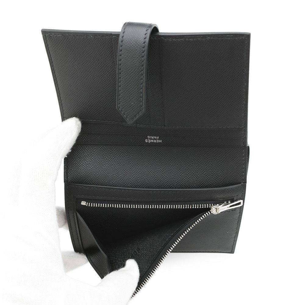 エルメス 二つ折り財布 ベアンコンパクト ブラック/シルバー金具 ヴォーマダム W刻印 黒