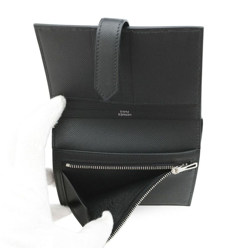 エルメス 二つ折り財布 ベアンコンパクト ブラック/シルバー金具 ヴォーマダム W刻印 黒