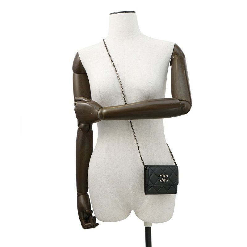 シャネル ミニチェーンウォレット カードケース マトラッセ キャビアスキン フェイクパール CHANEL 財布 黒