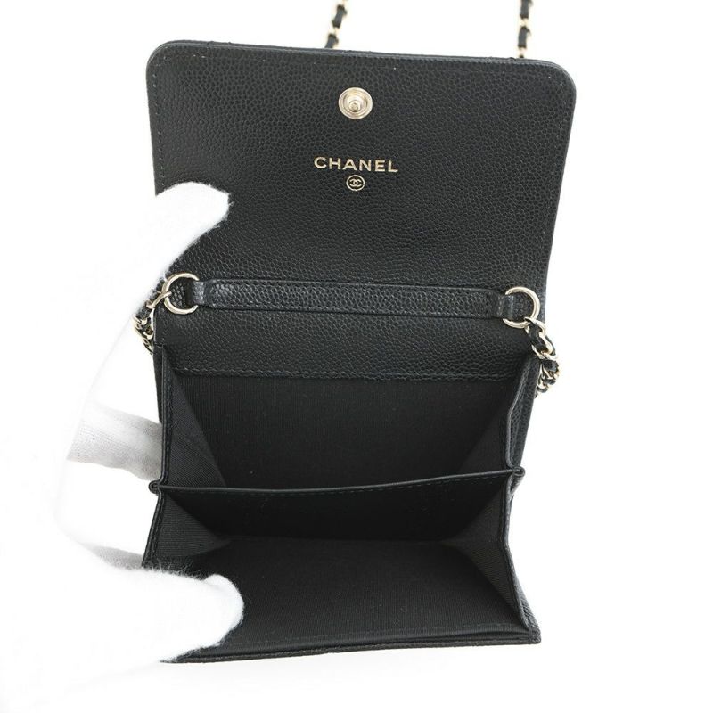 シャネル ミニチェーンウォレット カードケース マトラッセ キャビアスキン フェイクパール CHANEL 財布 黒