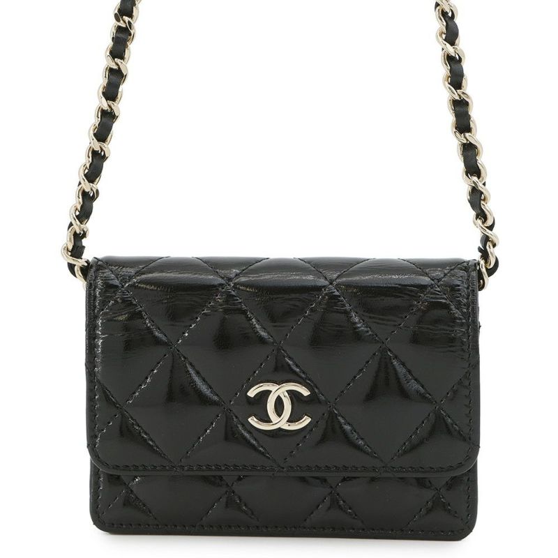 シャネル チェーンウォレット スモール チェーンクラッチ リボン シャイニーラムスキン AP4466 CHANEL 財布 黒