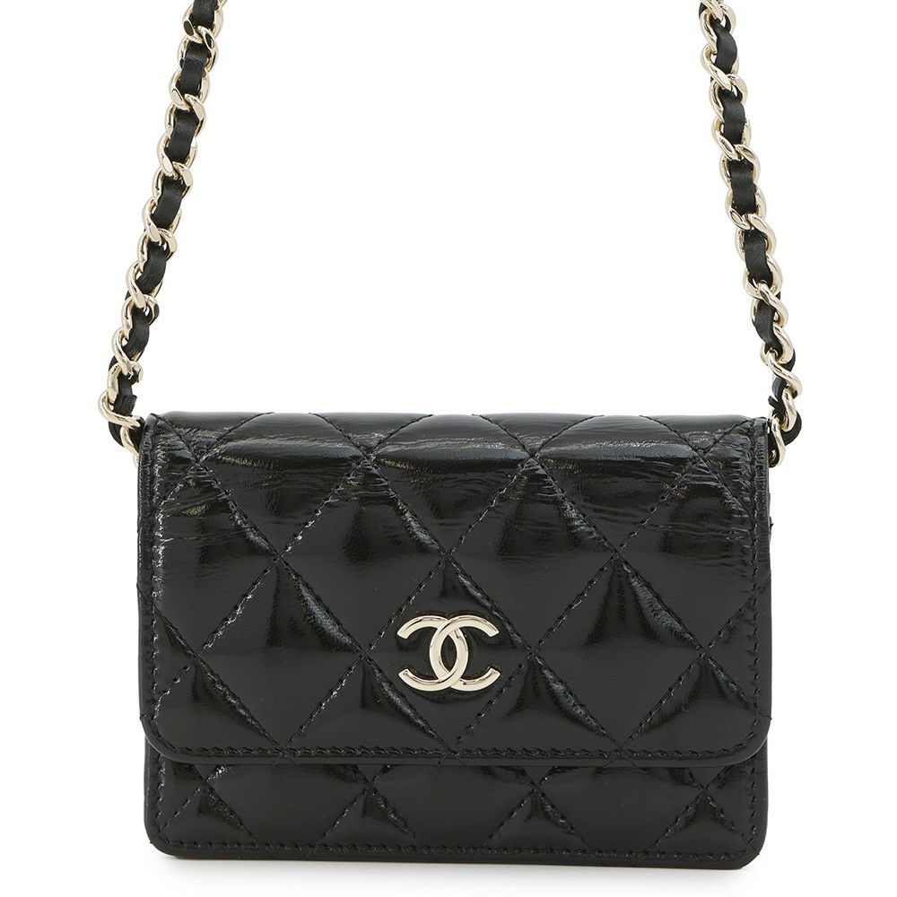 シャネル チェーンウォレット スモール チェーンクラッチ リボン シャイニーラムスキン AP4466 CHANEL 財布 黒