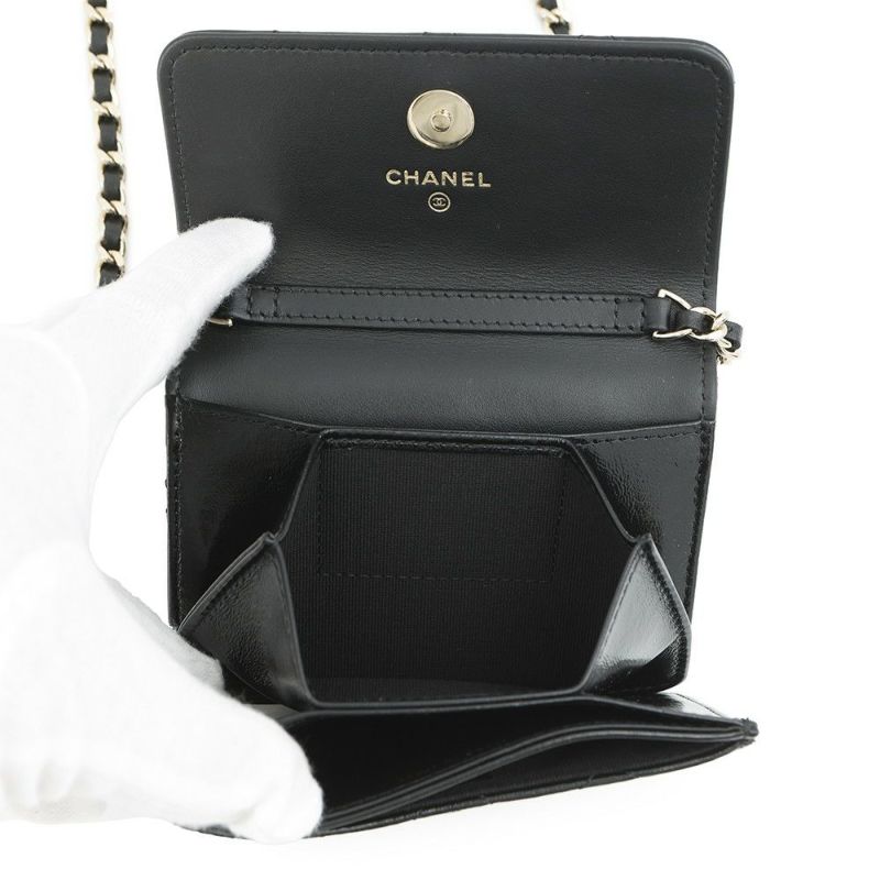 シャネル チェーンウォレット スモール チェーンクラッチ リボン シャイニーラムスキン AP4466 CHANEL 財布 黒
