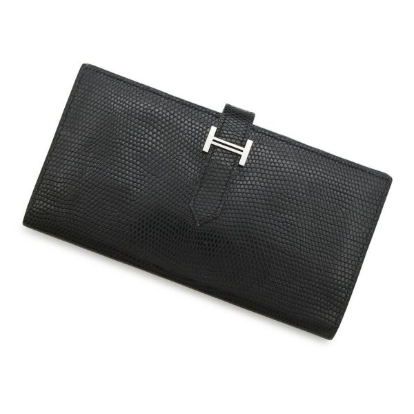 エルメス 長財布 ベアンスフレ ブラック/シルバー金具 リザード □L刻印 HERMES 財布 黒