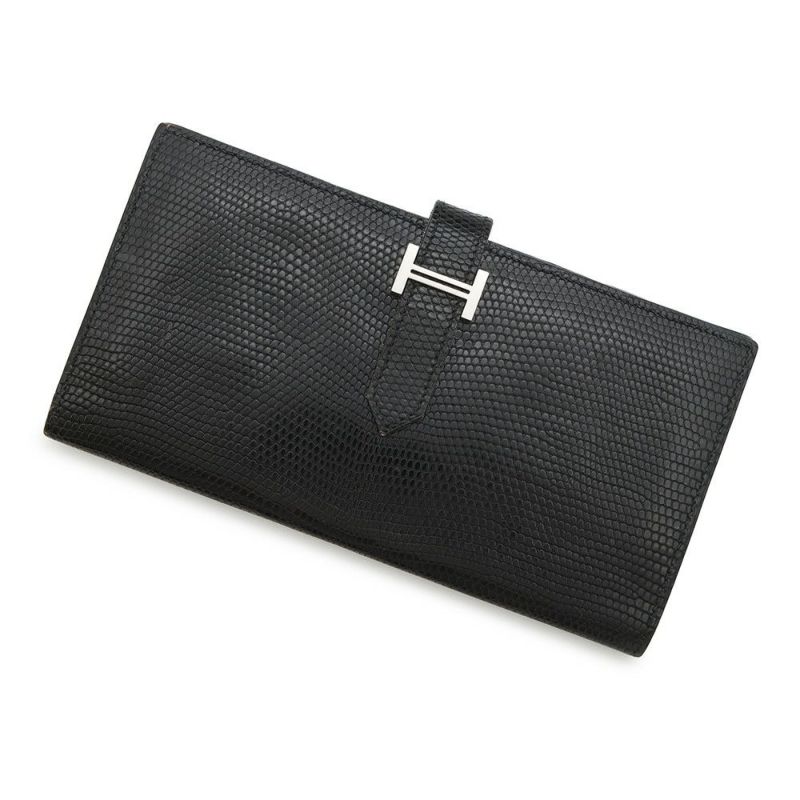 エルメス 長財布 ベアンスフレ ブラック/シルバー金具 リザード □L刻印 HERMES 財布 黒