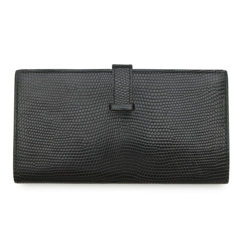 エルメス 長財布 ベアンスフレ ブラック/シルバー金具 リザード □L刻印 HERMES 財布 黒
