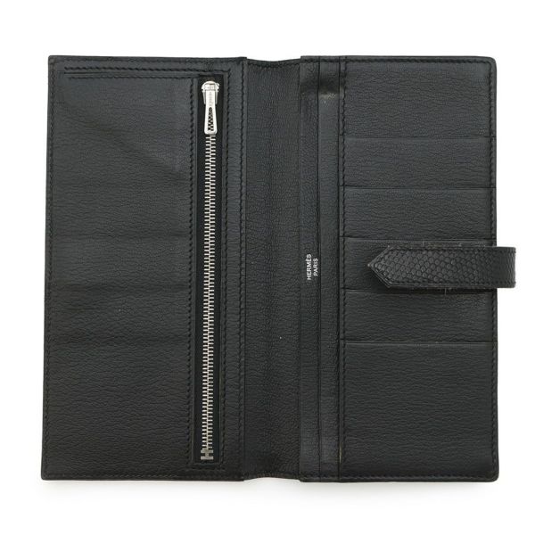 エルメス 長財布 ベアンスフレ ブラック/シルバー金具 リザード □L刻印 HERMES 財布 黒