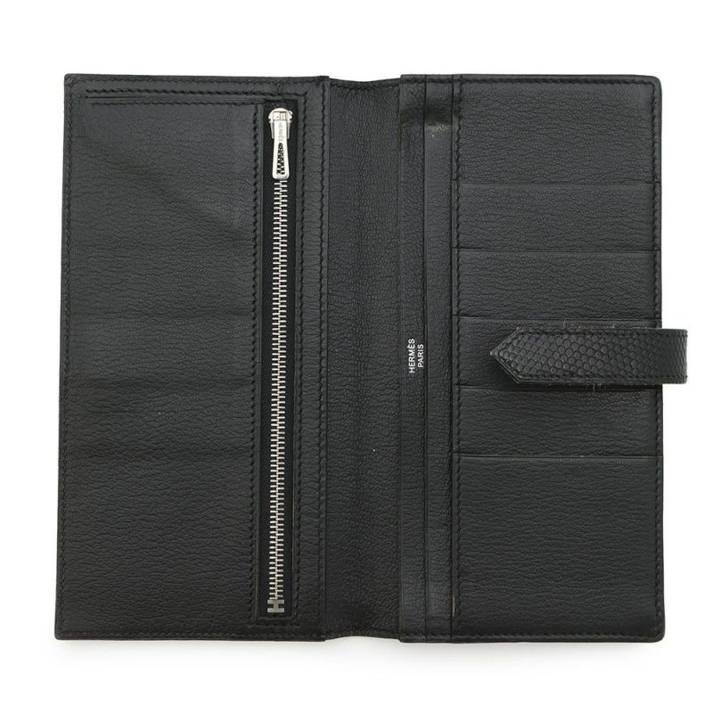 エルメス 長財布 ベアンスフレ ブラック/シルバー金具 リザード □L刻印 HERMES 財布 黒